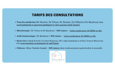 Tarifs consultations et soins