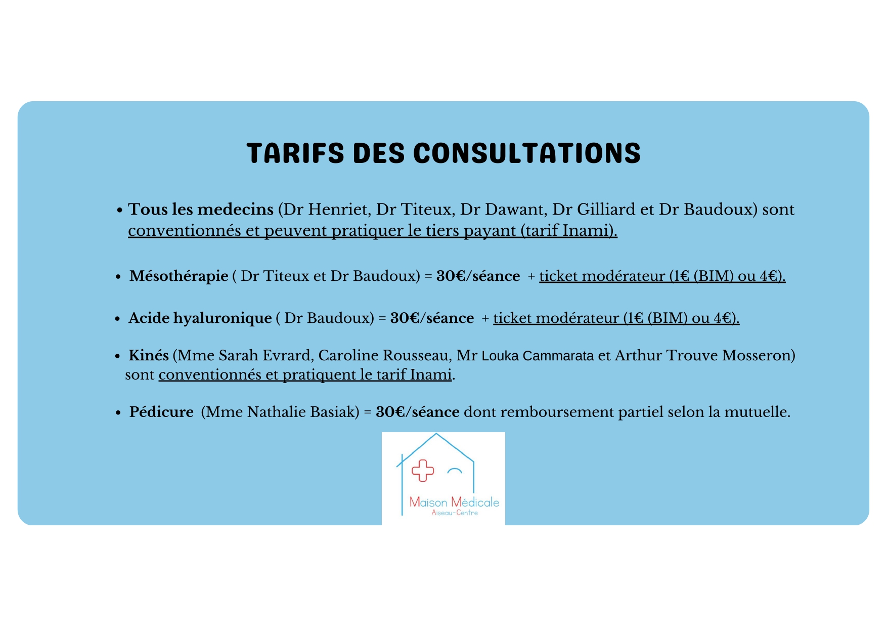 Tarifs consultations/soins