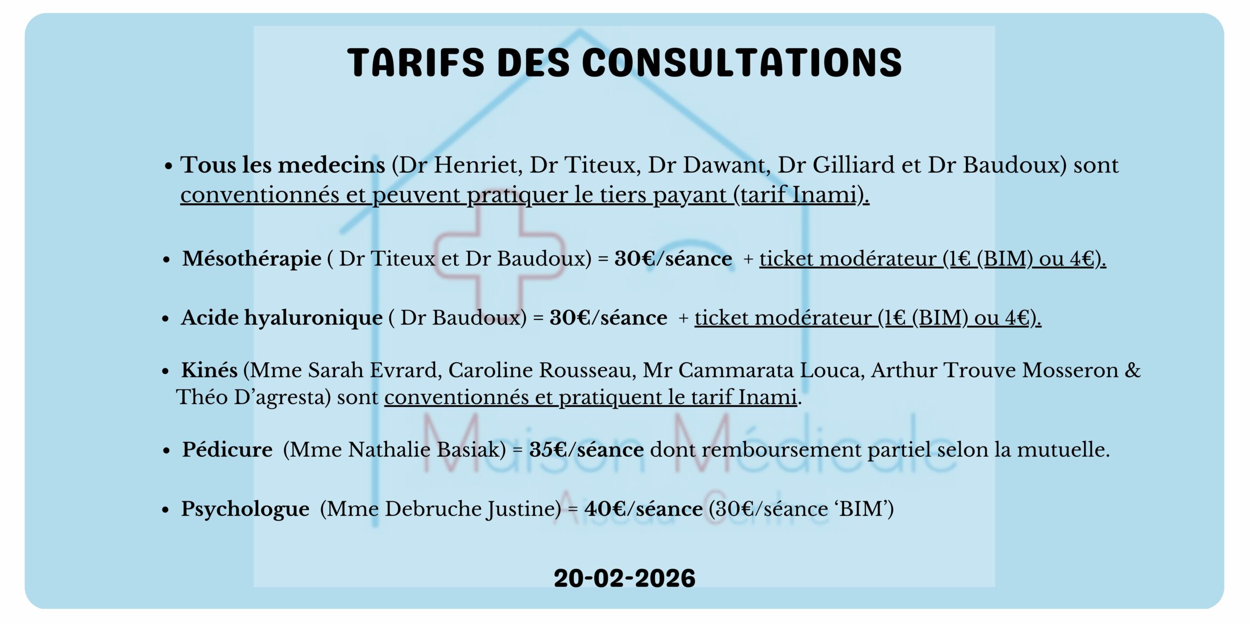 Tarifs consultations